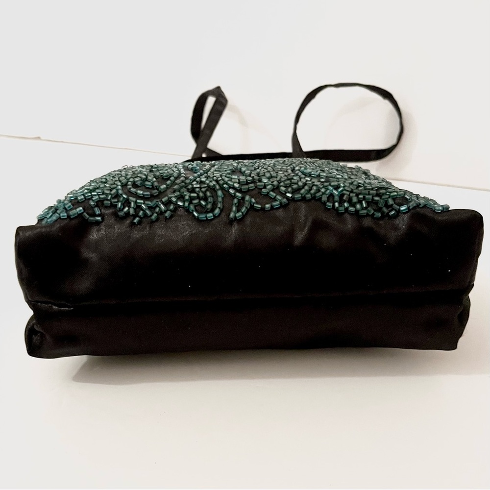 Vintage Teal Green Beaded Evening Bag Black Satin - Picture 9 of 15